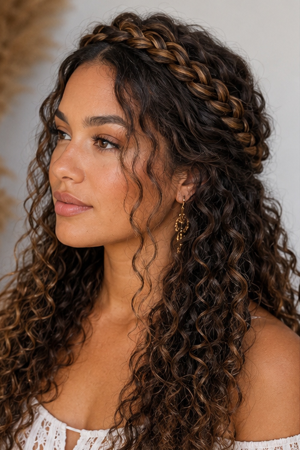 The braid crown wraps a thin curly braid around the crown of the head like a natural halo. 