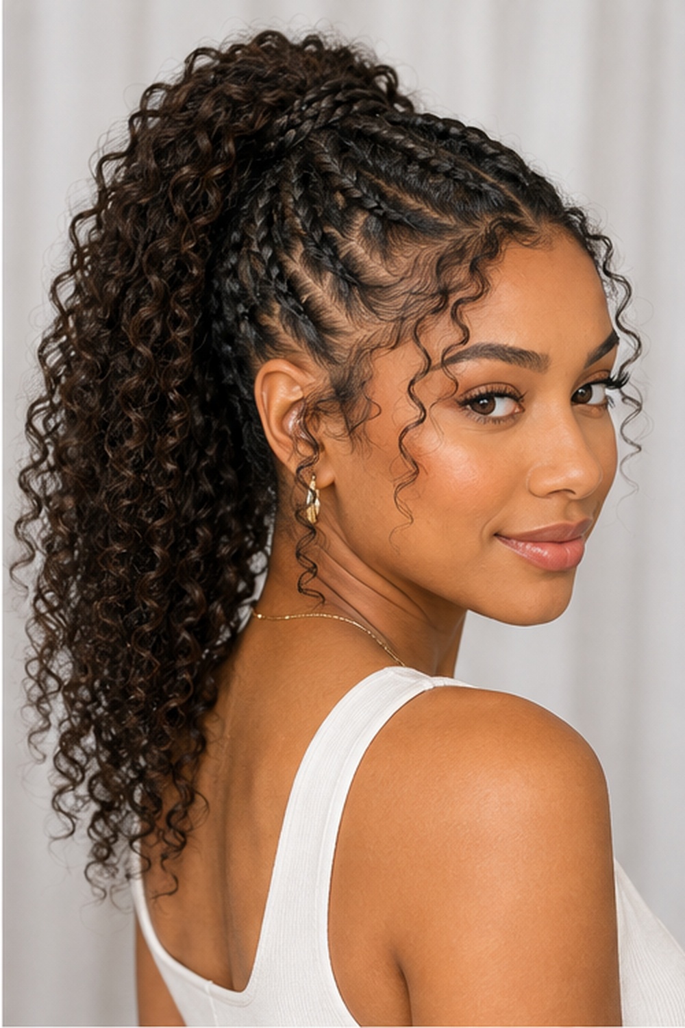 This style braids the base of a ponytail while leaving the remaining length curly, blending sleekness with natural texture.