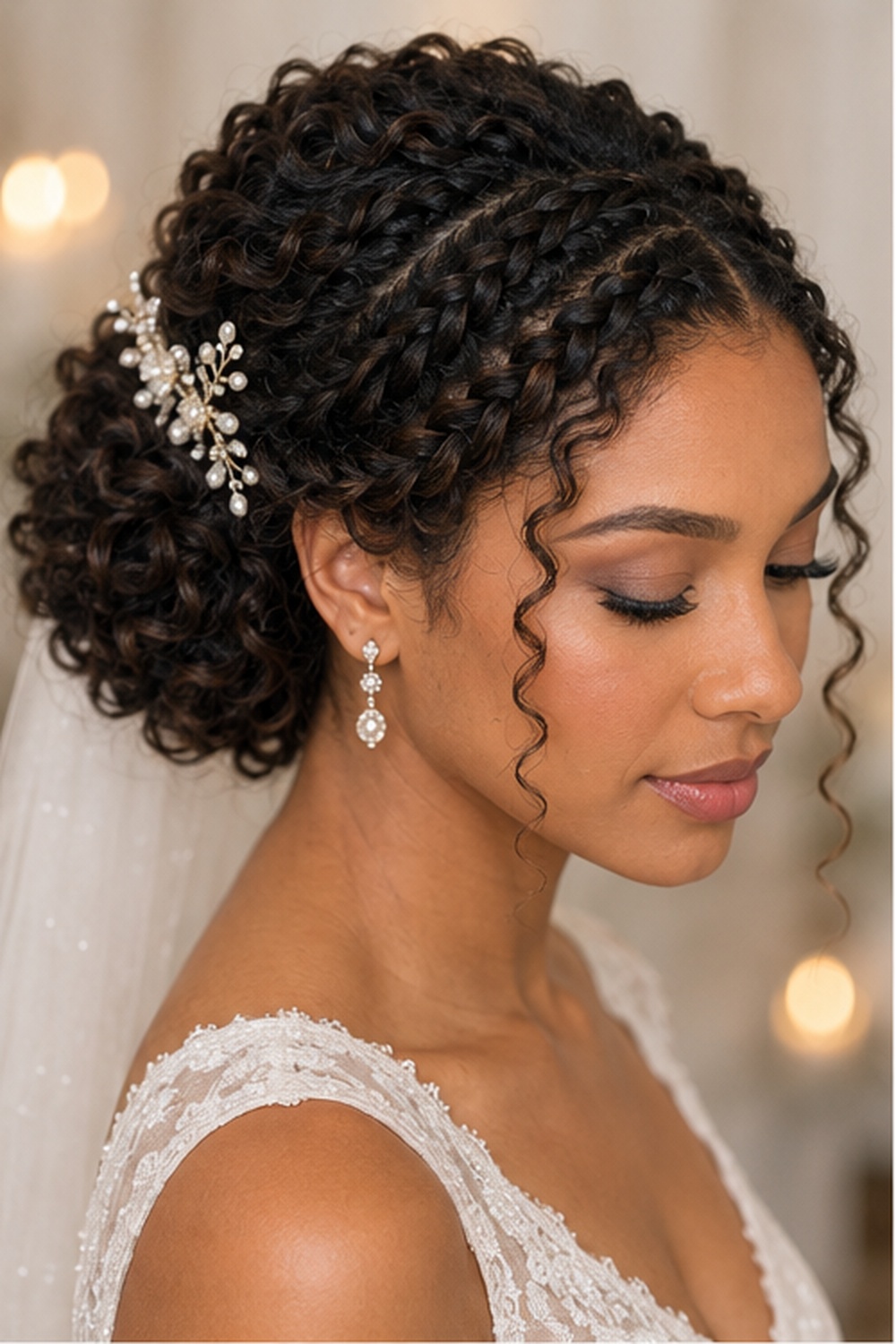 Braided updos are a bridal favorite because they hold curls in place all day while adding intricate detail that photographs beautifully.