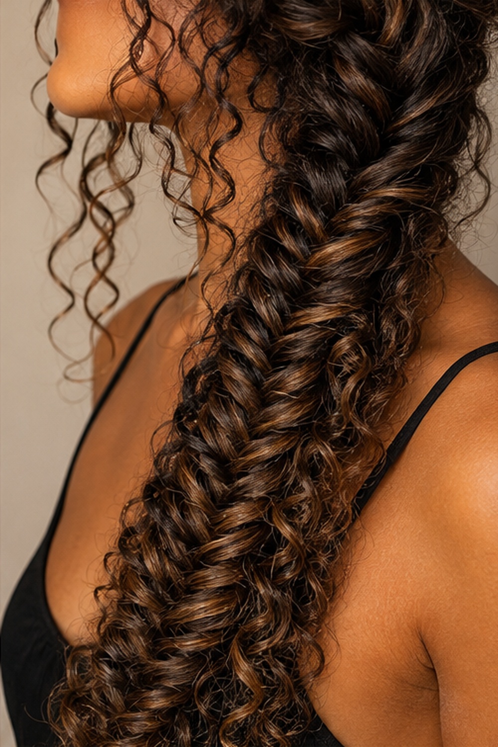 Fishtail braids look even more dramatic on curly hair because the texture adds extra fullness to each woven section.