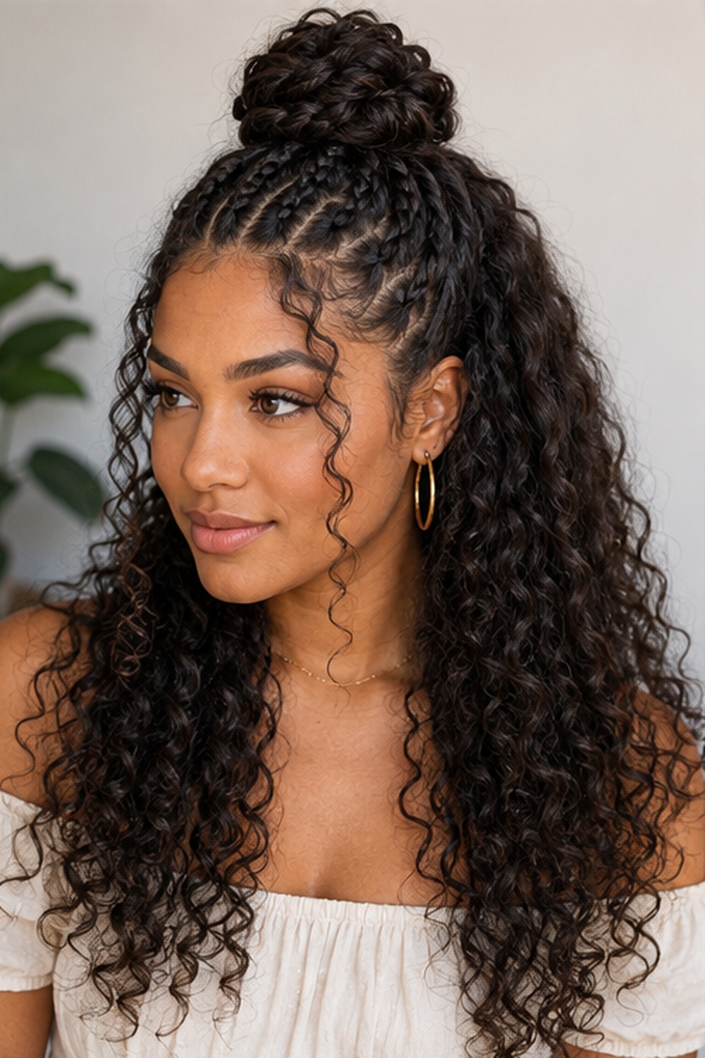 This style combines a small top-knot bun with a braid detail, while the rest of the curls cascade freely.