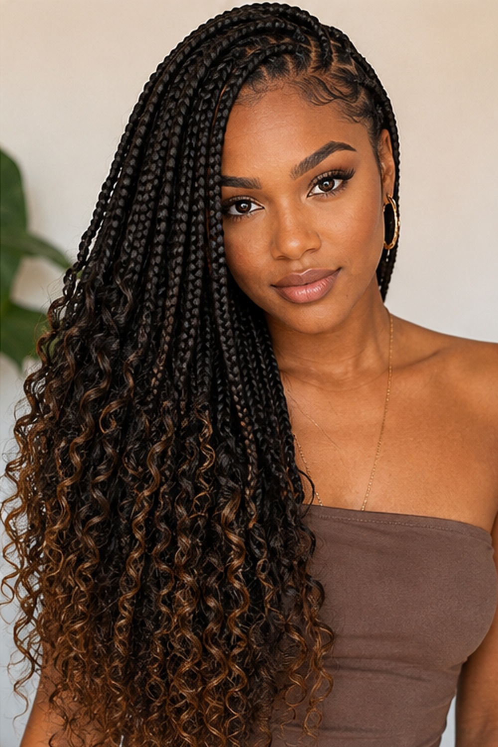 Box braids with curly ends have become extremely popular because they combine the durability of protective braiding with a soft, romantic finish.