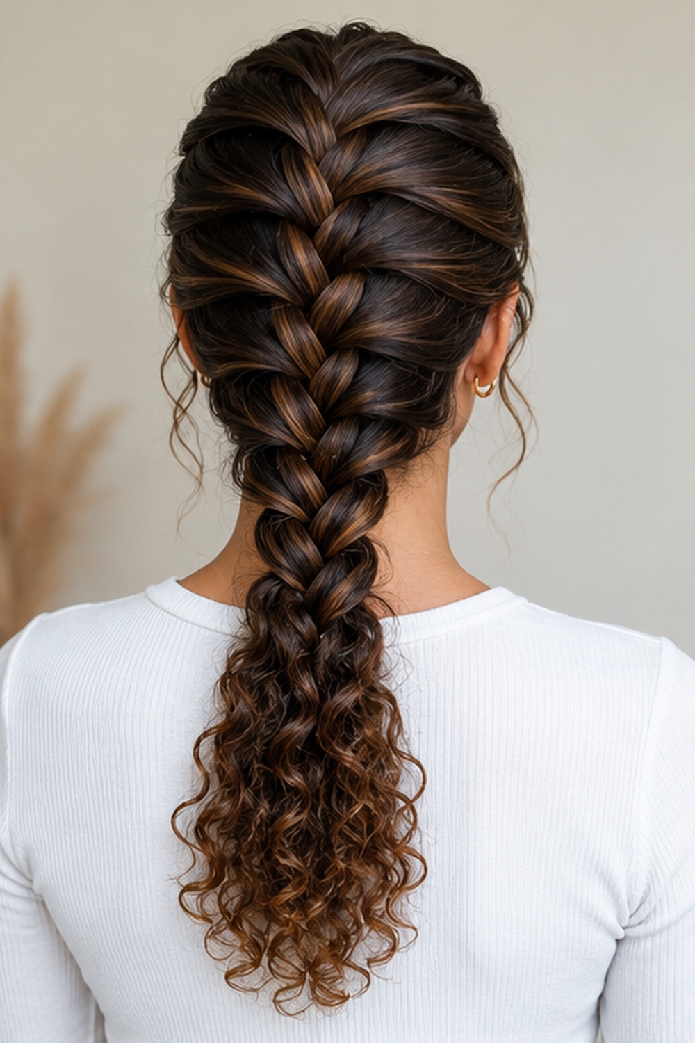 A classic French braid gets an upgrade when the tail is left curly instead of straight.