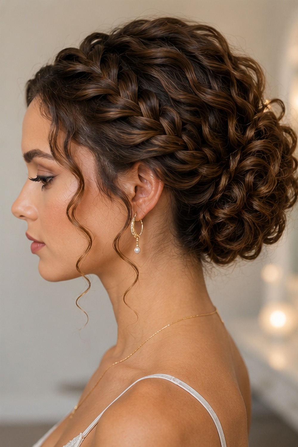 This elevated updo braids the hair before twisting it into a bun, giving texture and dimension that a plain bun doesn't offer.