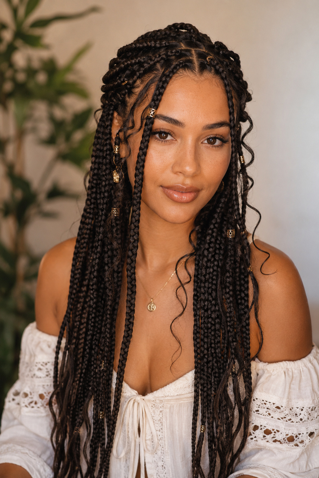Classic box braids become distinctly bohemian when a few curly strands are left loose throughout the length.