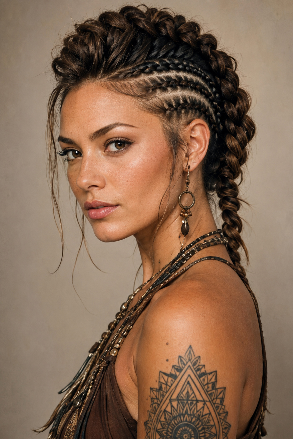 A braided mohawk creates height through the center while the sides remain sleek or closely braided.