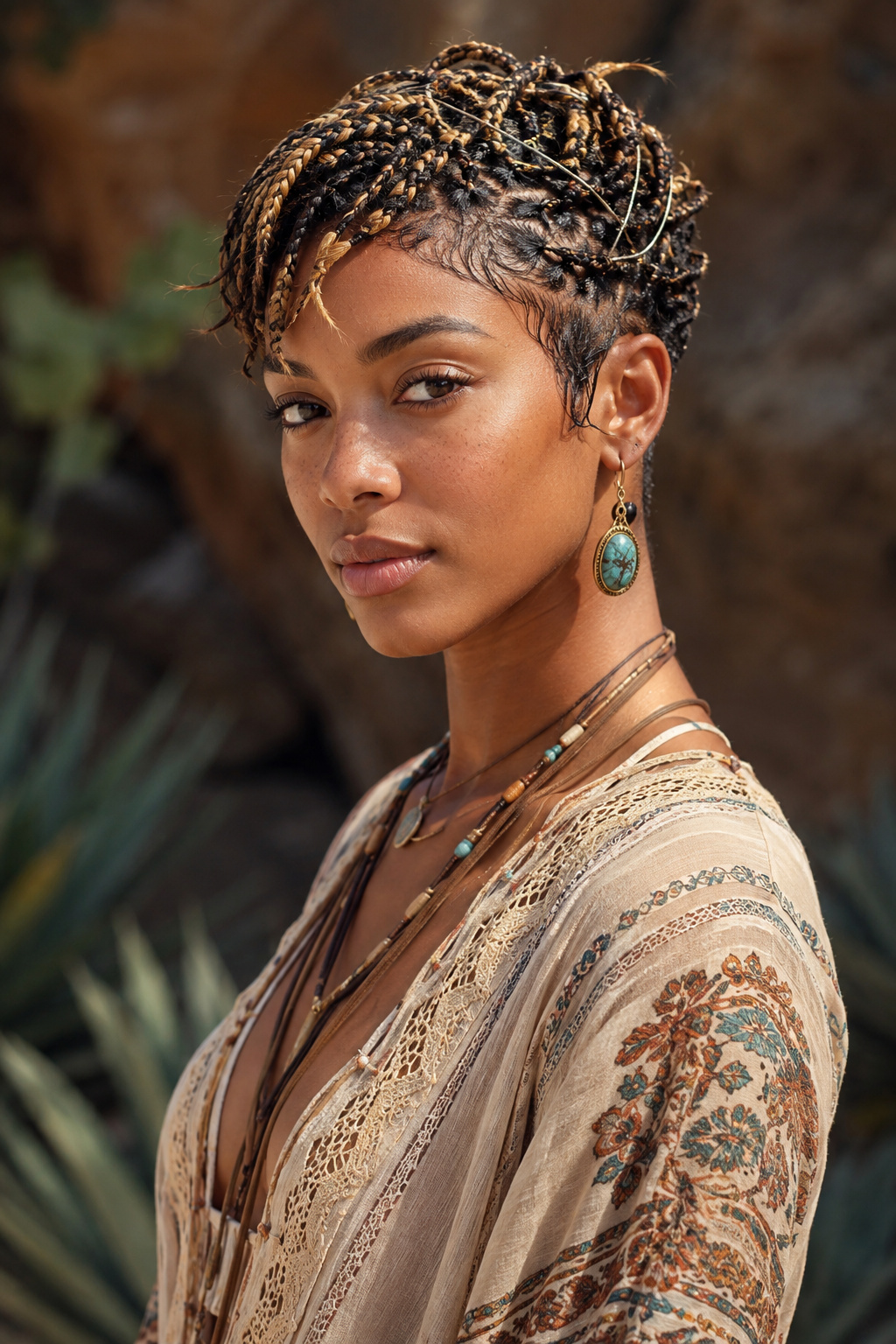 A braided pixie proves that bohemian styling does not require long hair.