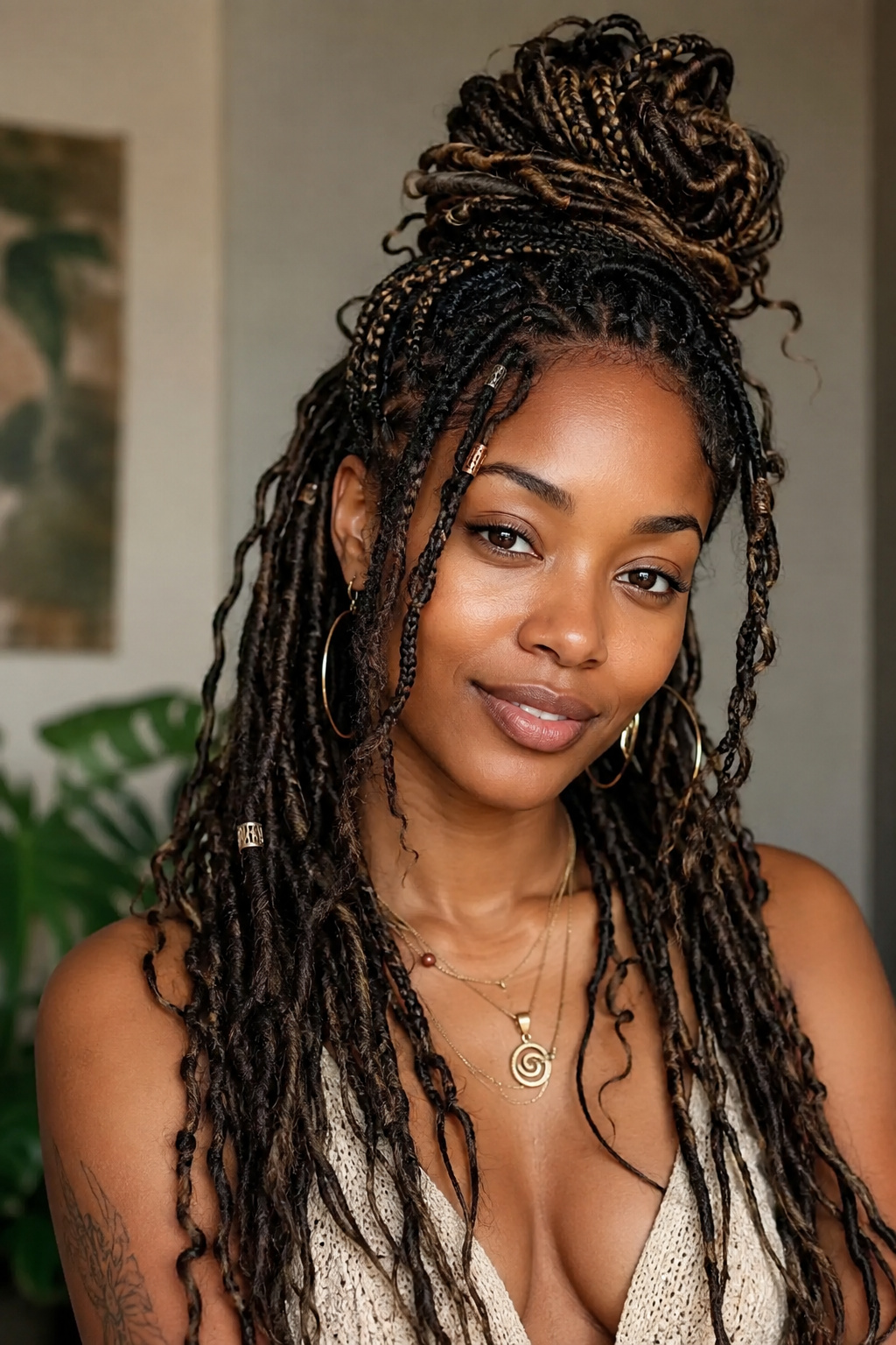 Braided locs blend the appearance of locs with braided and curled details, producing a rich, dimensional protective style.