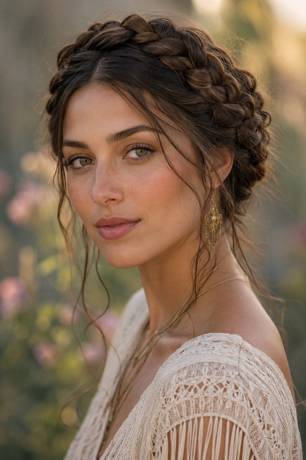 The braided halo circles the head in a continuous, elevated braid, creating a graceful and almost ethereal effect.