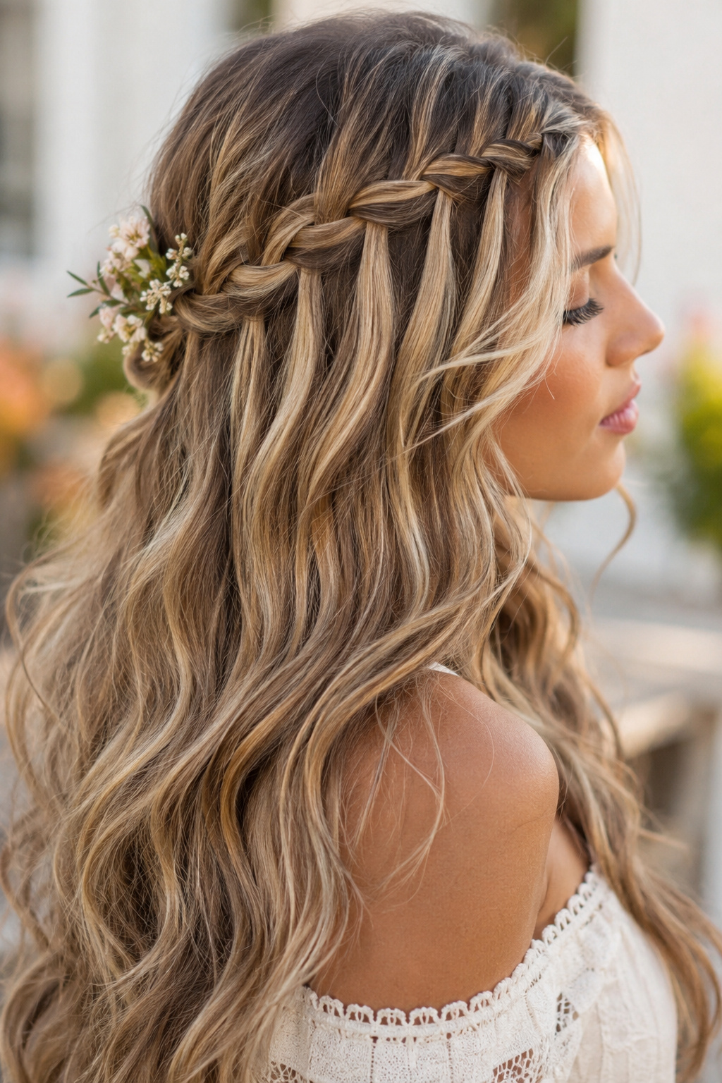 A waterfall braid allows sections of hair to fall through the woven pattern, creating the illusion of strands flowing from the braid.