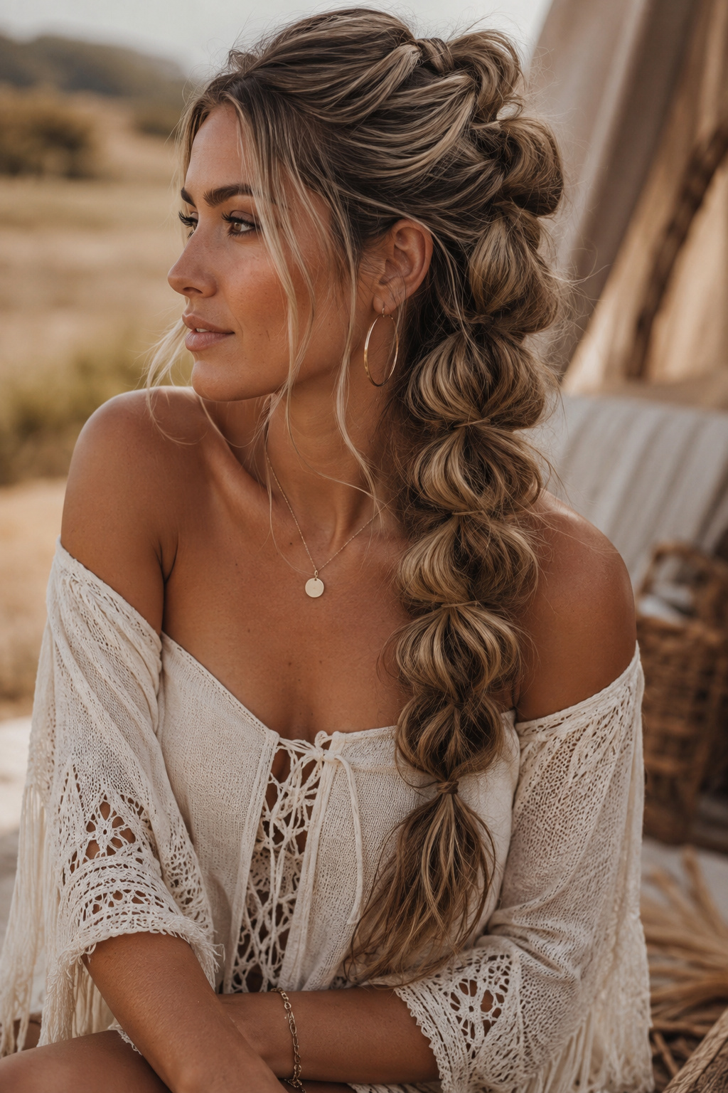 A pull-through braid uses linked ponytail sections to imitate a thick, dimensional braid.