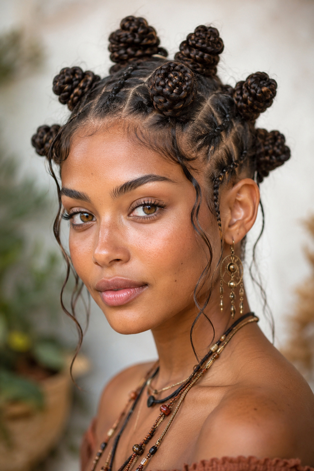Braided Bantu knots combine compact coiled buns with visible braided sections, resulting in a sculptural style that feels playful and artistic.