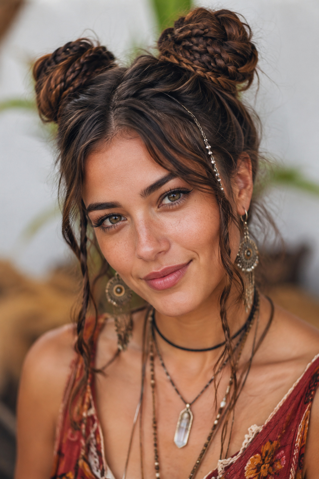 Braided space buns place two raised buns on either side of the head, combining youthful energy with bohemian texture.