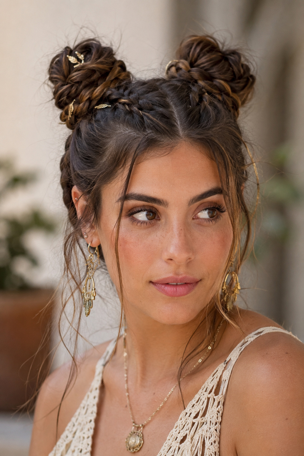 The double-bun style can sit low at the nape or higher near the crown, creating a symmetrical look with plenty of braided detail.