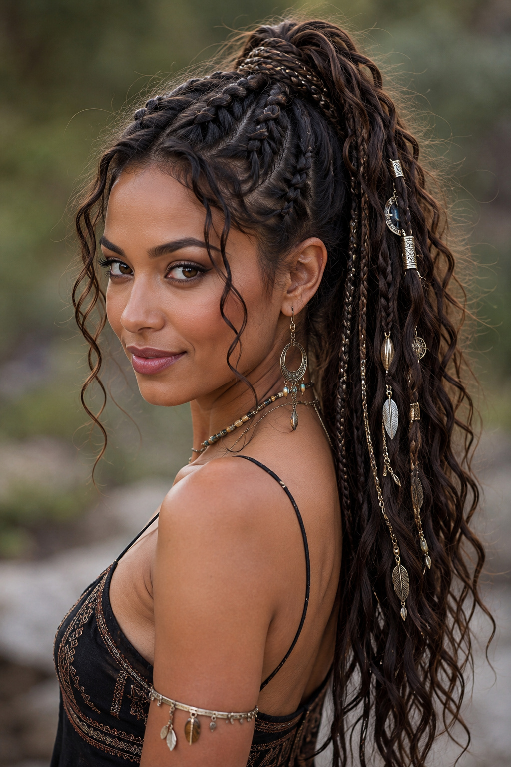 A braided ponytail lifts the hair away from the face while keeping plenty of length and detail visible.