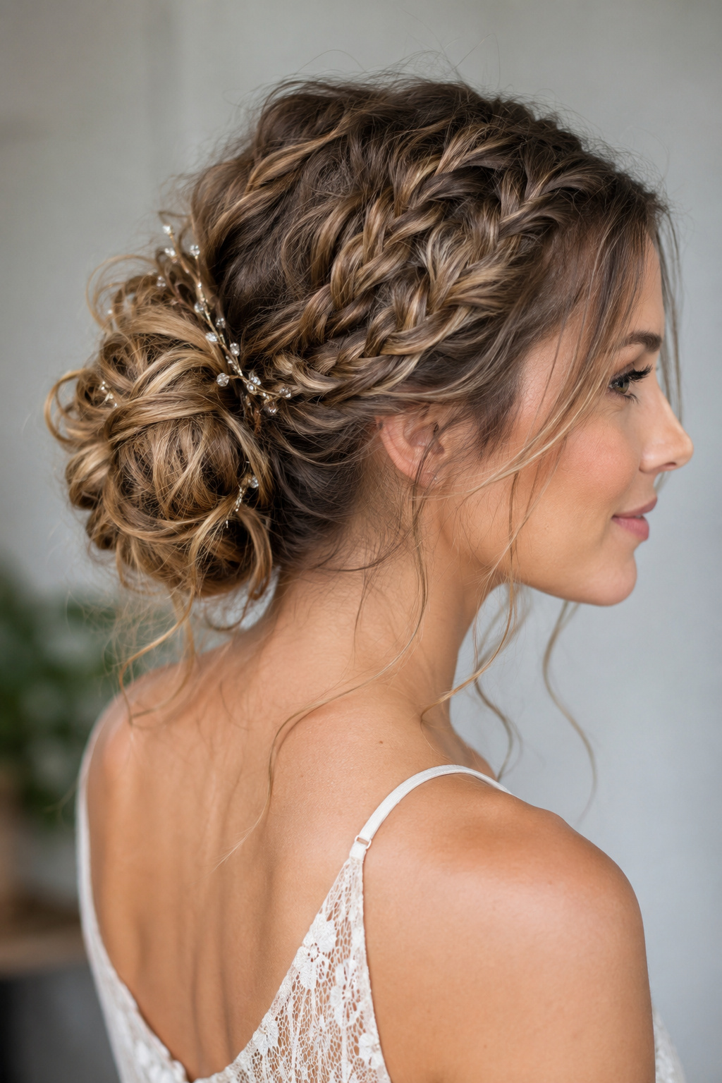 A boho braided bun gathers textured braids into an elevated shape that looks intricate from every angle.