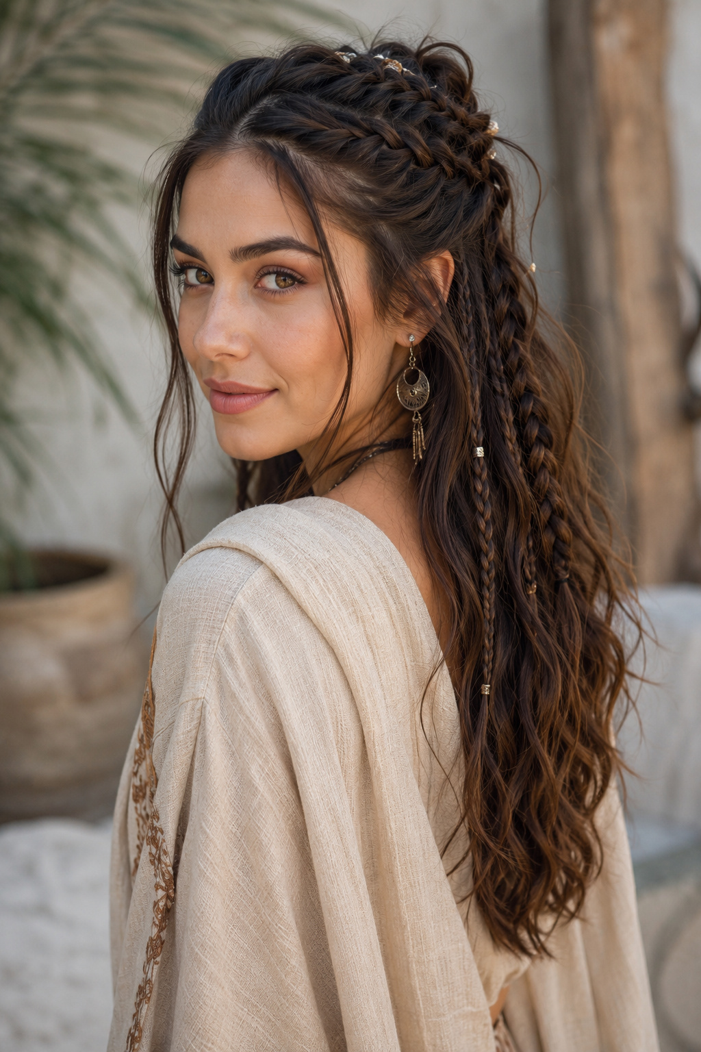 The half-up, half-down style balances the freedom of loose braids with the structure of an updo.