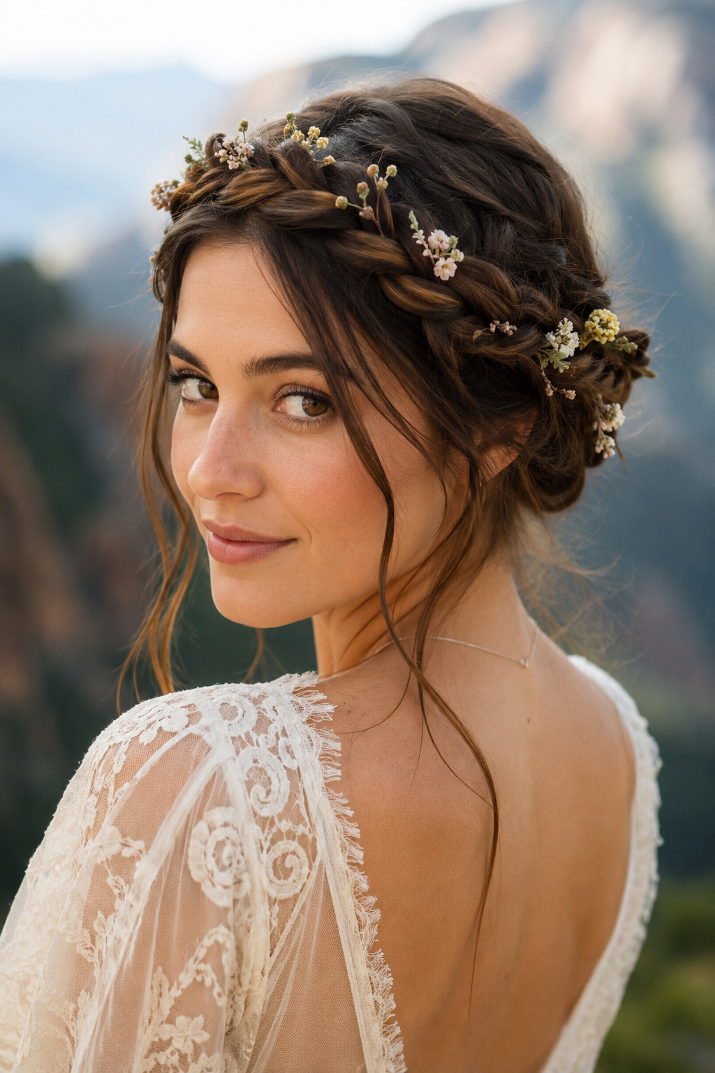A braided crown wraps around the head like a soft halo, creating an elegant silhouette with unmistakable bohemian charm.