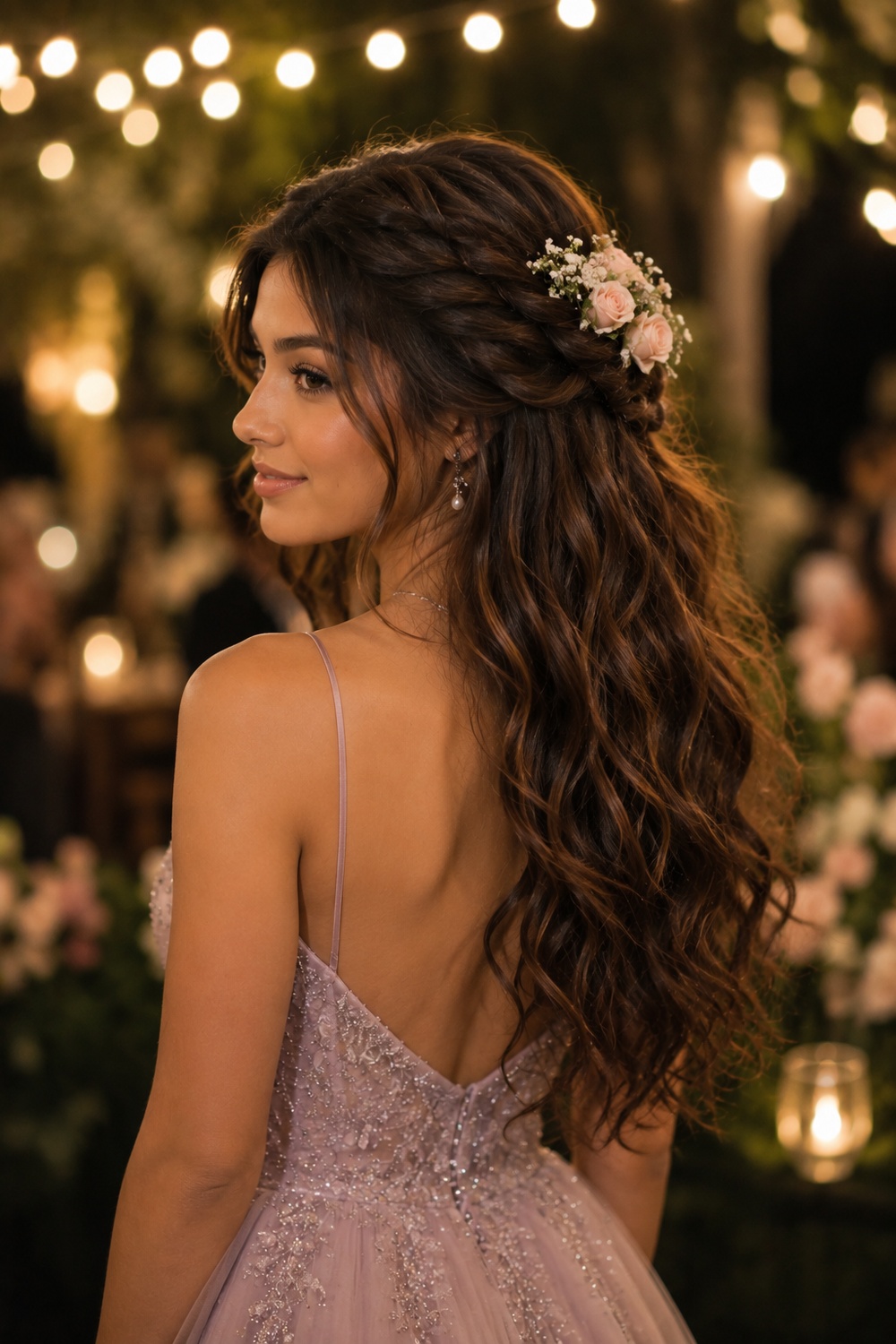 This bohemian look pairs a simple half-up style with fresh flowers tucked in near the crown.