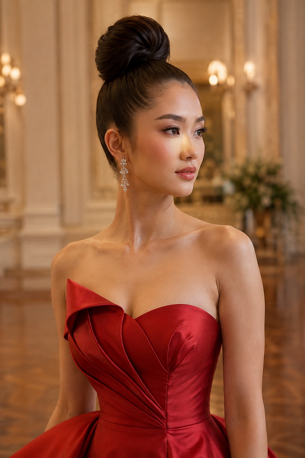 A high sleek bun creates a striking, fashion-forward silhouette that keeps hair completely off the face.