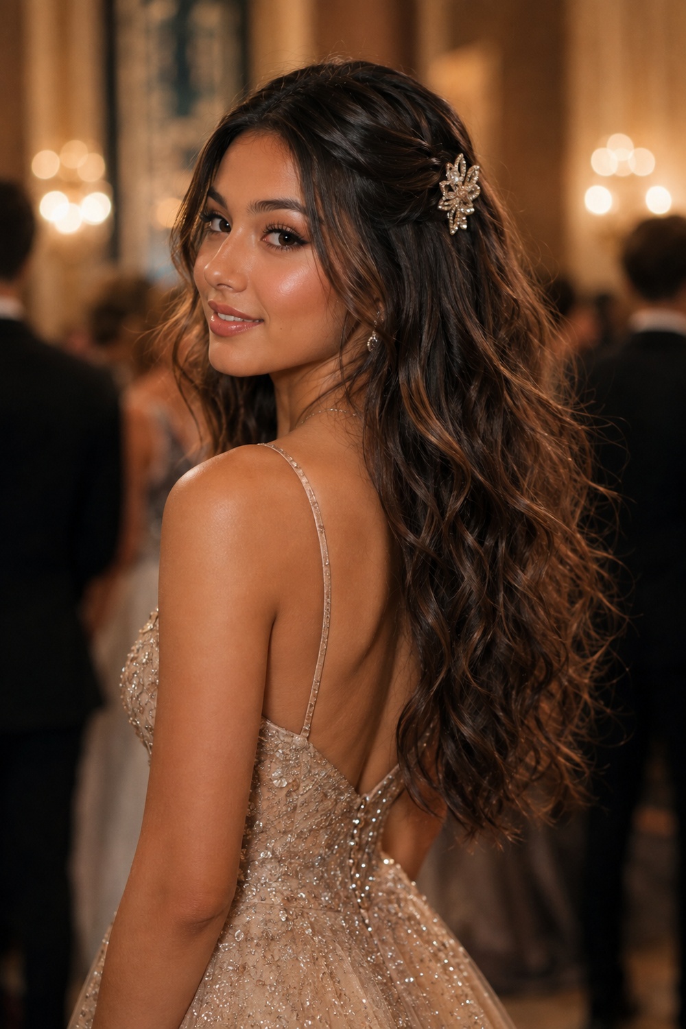 Soft waves paired with a statement clip add a trendy, personalized detail to a simple down style.