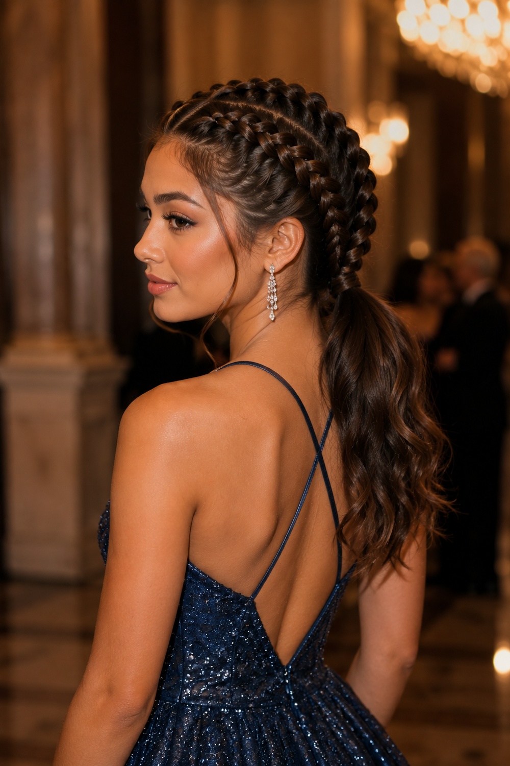 Two Dutch braids running from the hairline to the crown create a bold, symmetrical braided look.