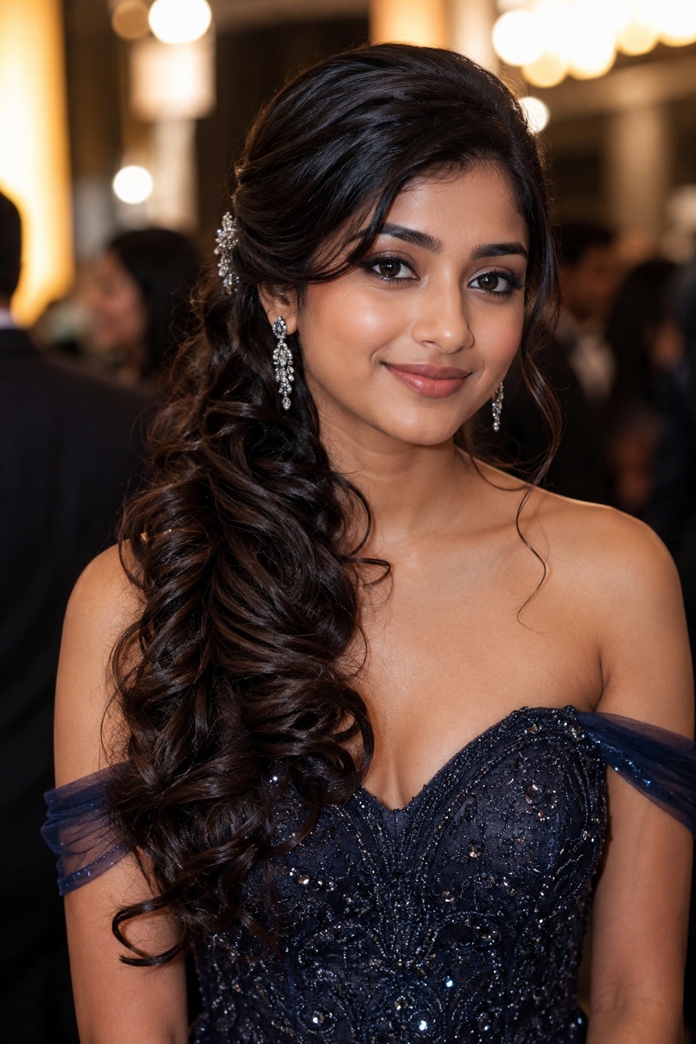 Side-swept curls gather soft waves over one shoulder for an elegant, asymmetrical silhouette.
