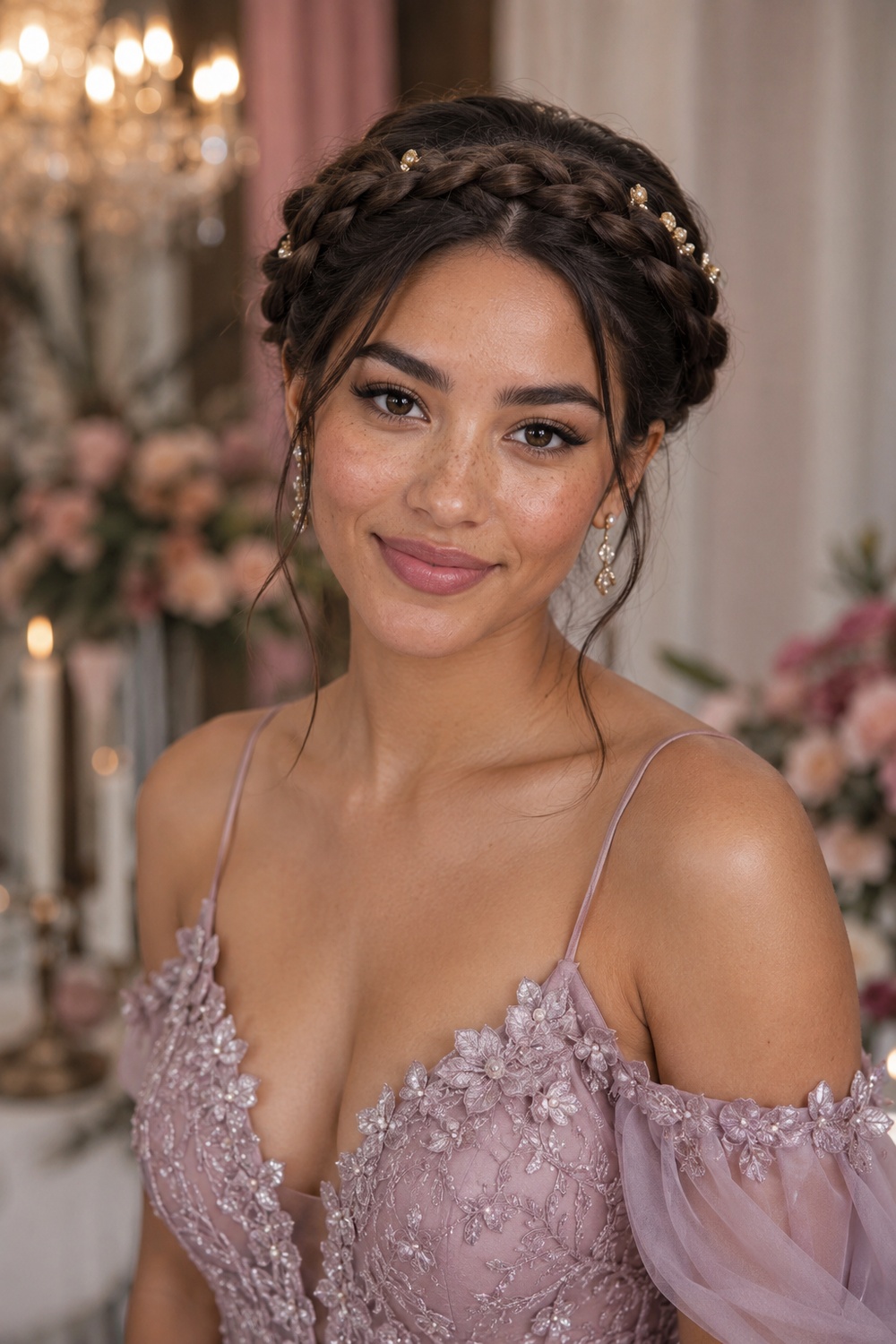 Milkmaid braids cross two braided sections over the crown for a sweet, vintage-inspired look.