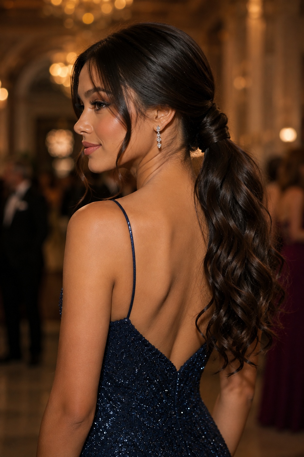 A twisted low ponytail wraps a braided or twisted section around the base for added detail.