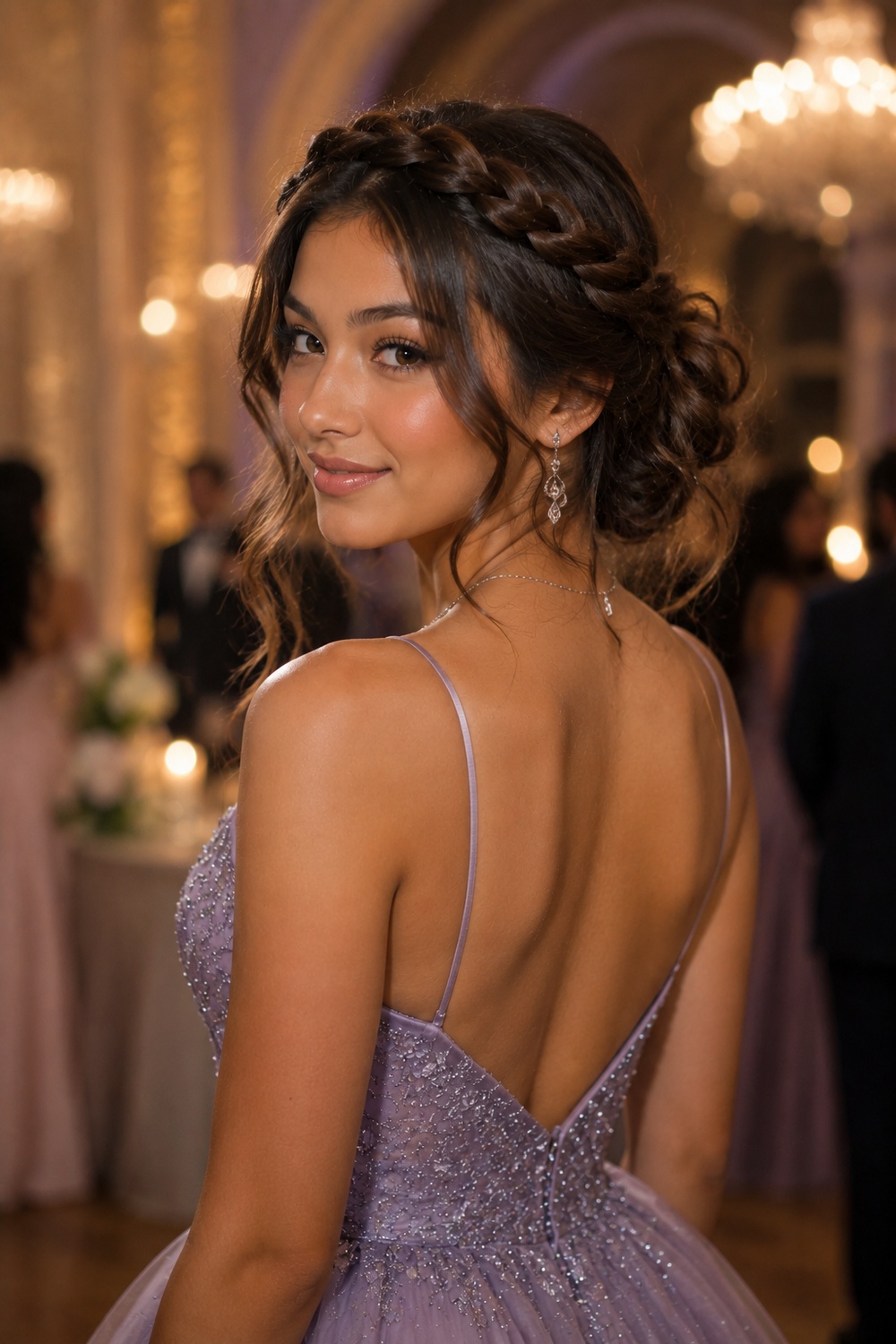 A thick braid sweeps across the crown and blends into a soft low bun, creating a romantic, polished prom look.