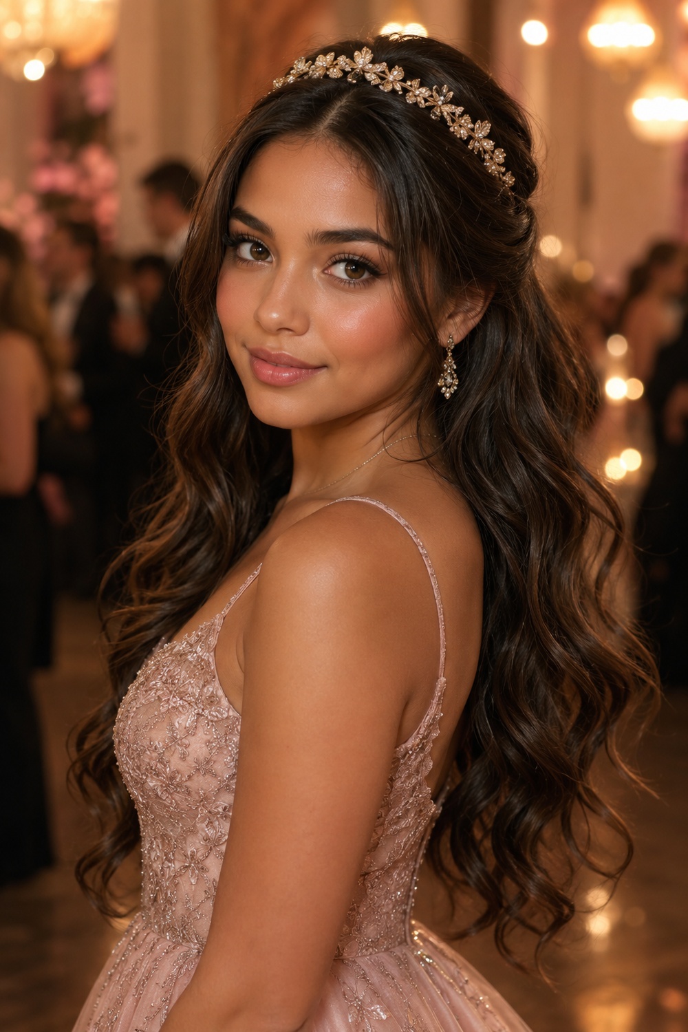 Soft curls paired with a statement headband create an easy, elegant look with minimal styling effort.