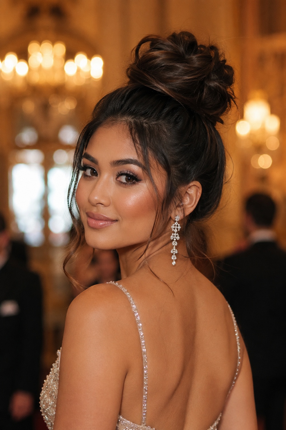 A textured top knot gathers hair into a high, voluminous bun with a slightly undone, modern finish.