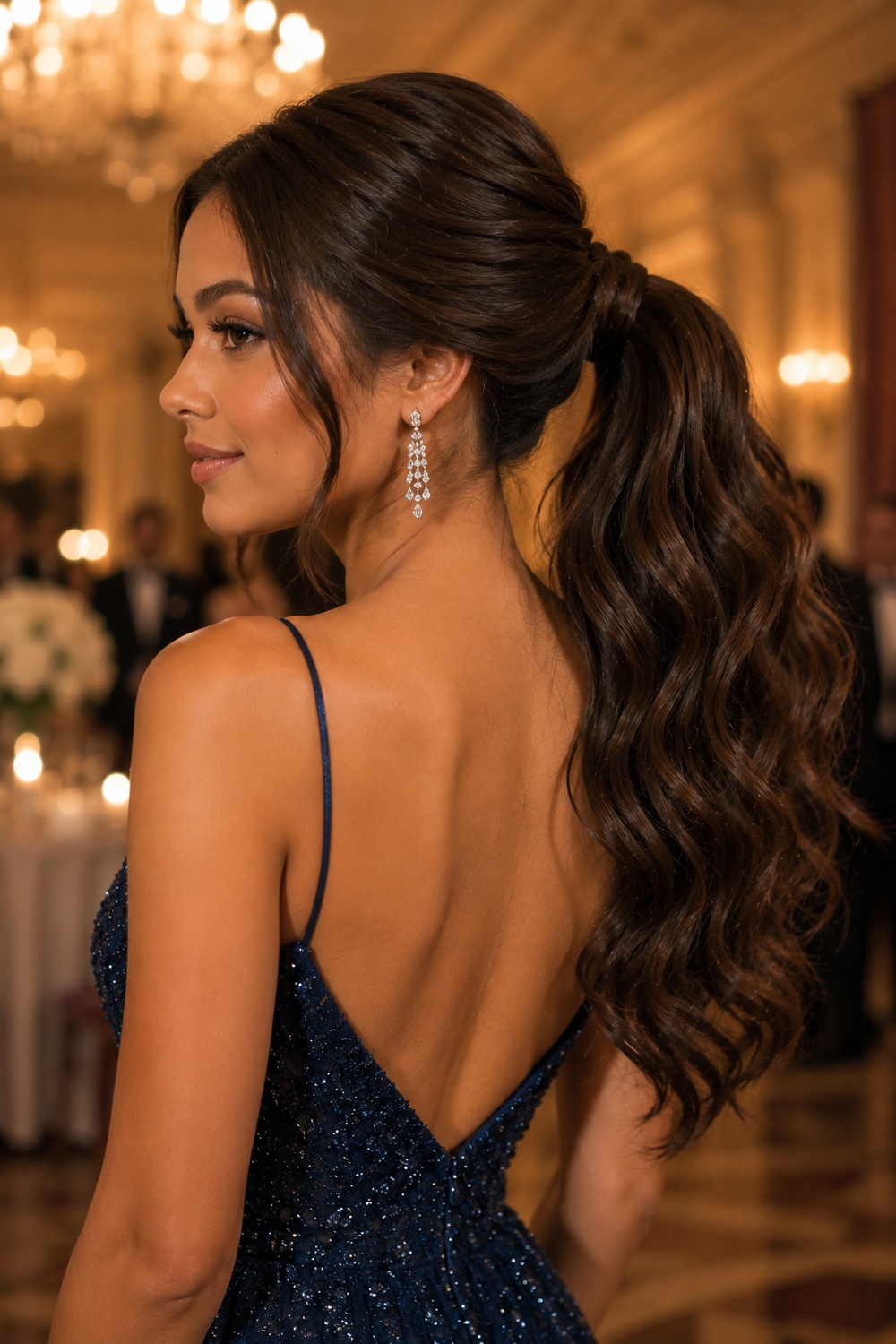 This polished style wraps a thin section of hair or a small braid around the base of a ponytail.