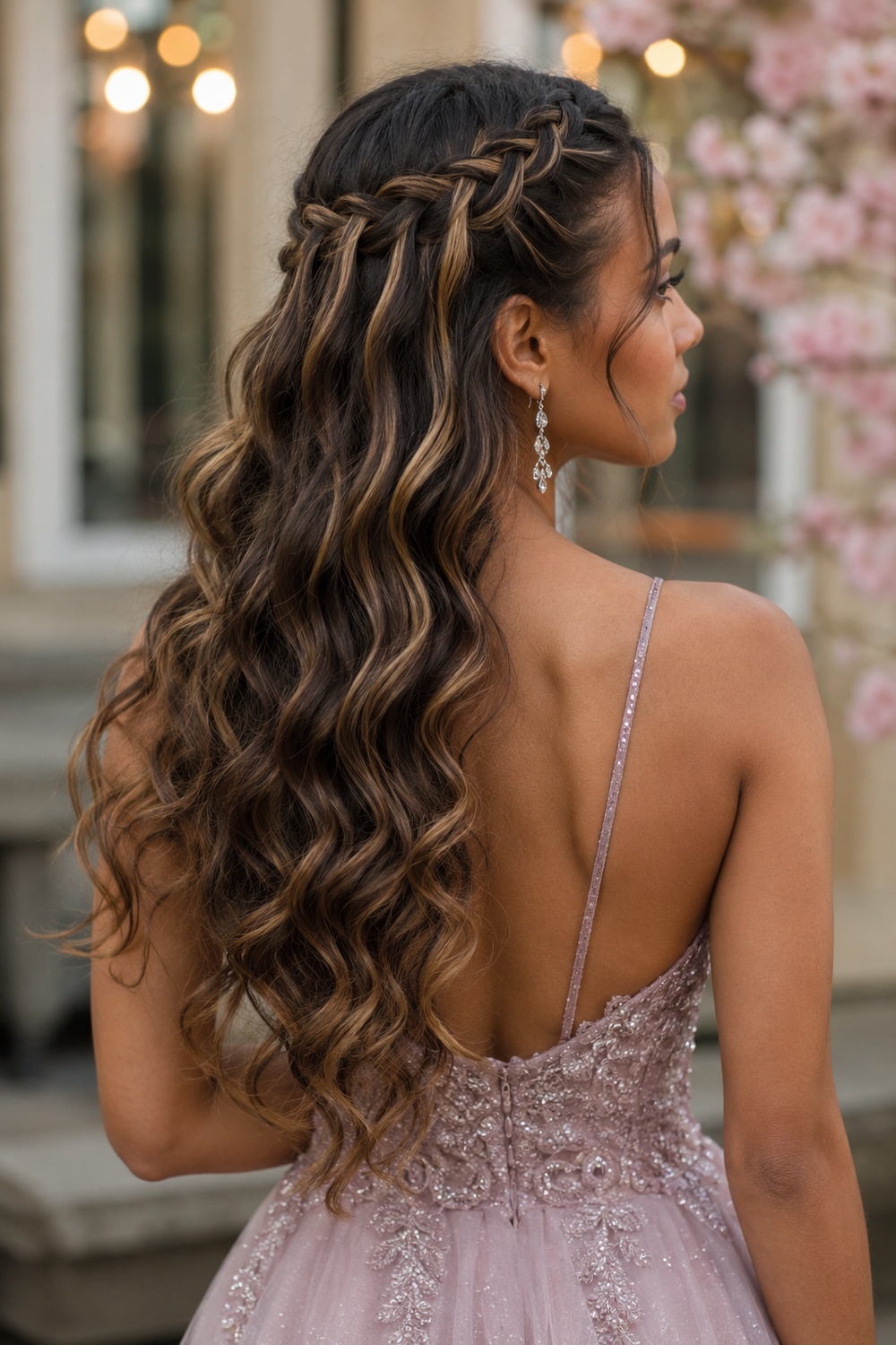This romantic look weaves a waterfall braid across the head, letting sections drop into soft curls below.