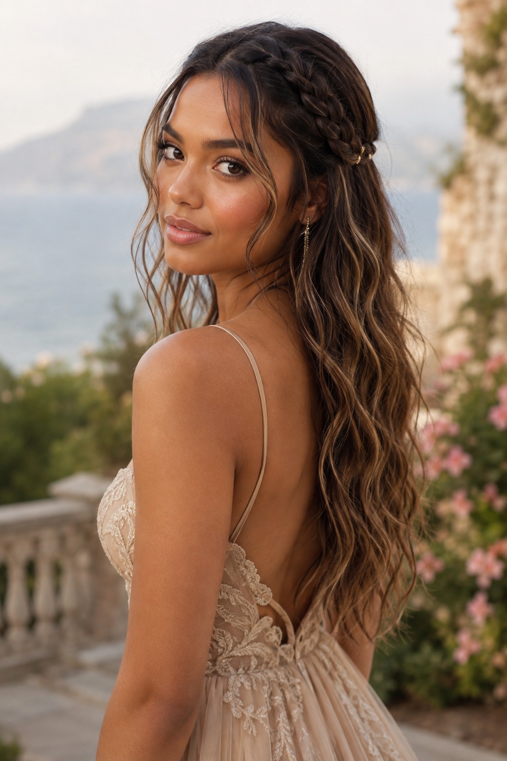Beachy waves paired with a delicate braid accent create a relaxed, bohemian prom look.