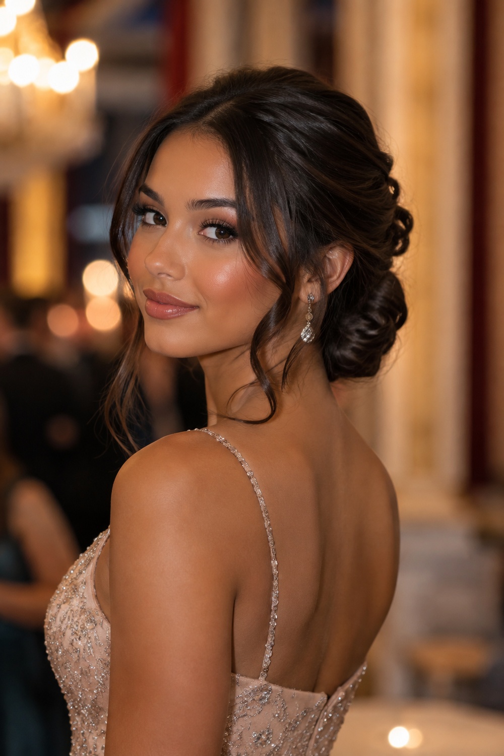 This refined style pairs a classic chignon with a few soft curled pieces left loose around the face.