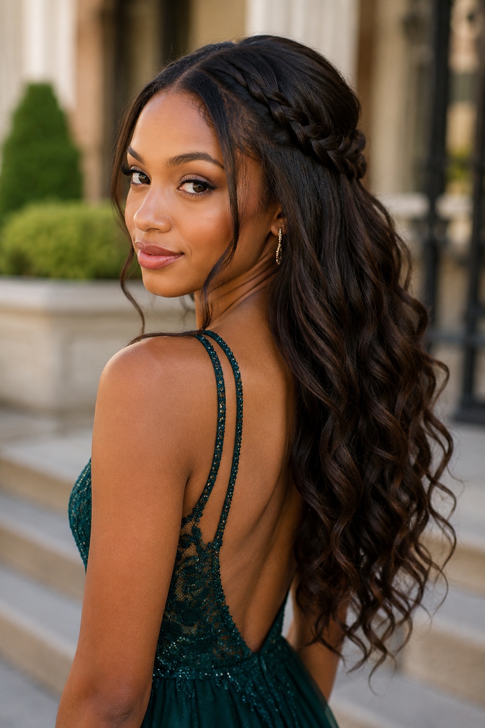 A thin braid pulled back from each side keeps hair off the face while showing off length and movement.
