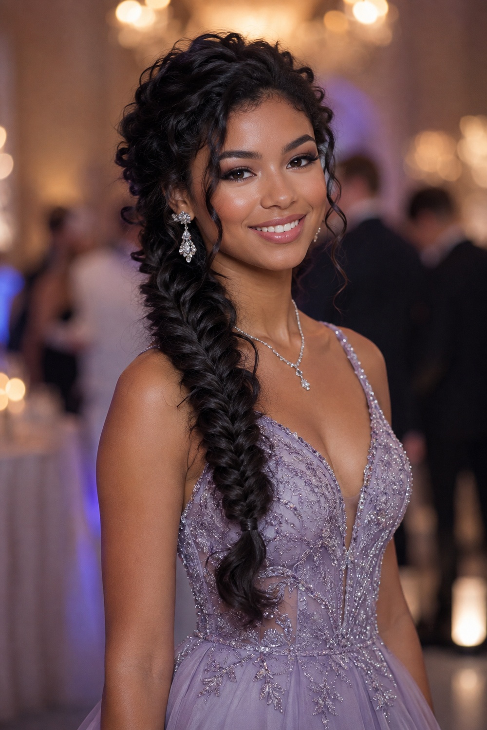 A fishtail braid swept over one shoulder adds intricate texture while keeping hair elegantly out of the way.
