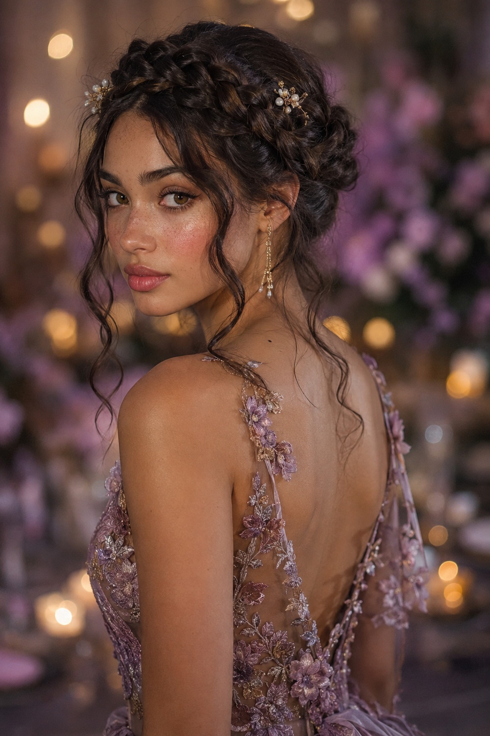 This whimsical style wraps a single braid around the crown, creating a soft, fairy-tale-inspired look.
