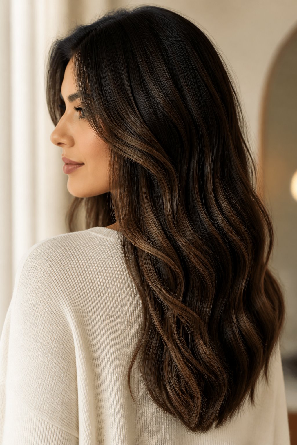 An espresso melt starts with a deep brown root and gradually transitions into softer cocoa lengths.