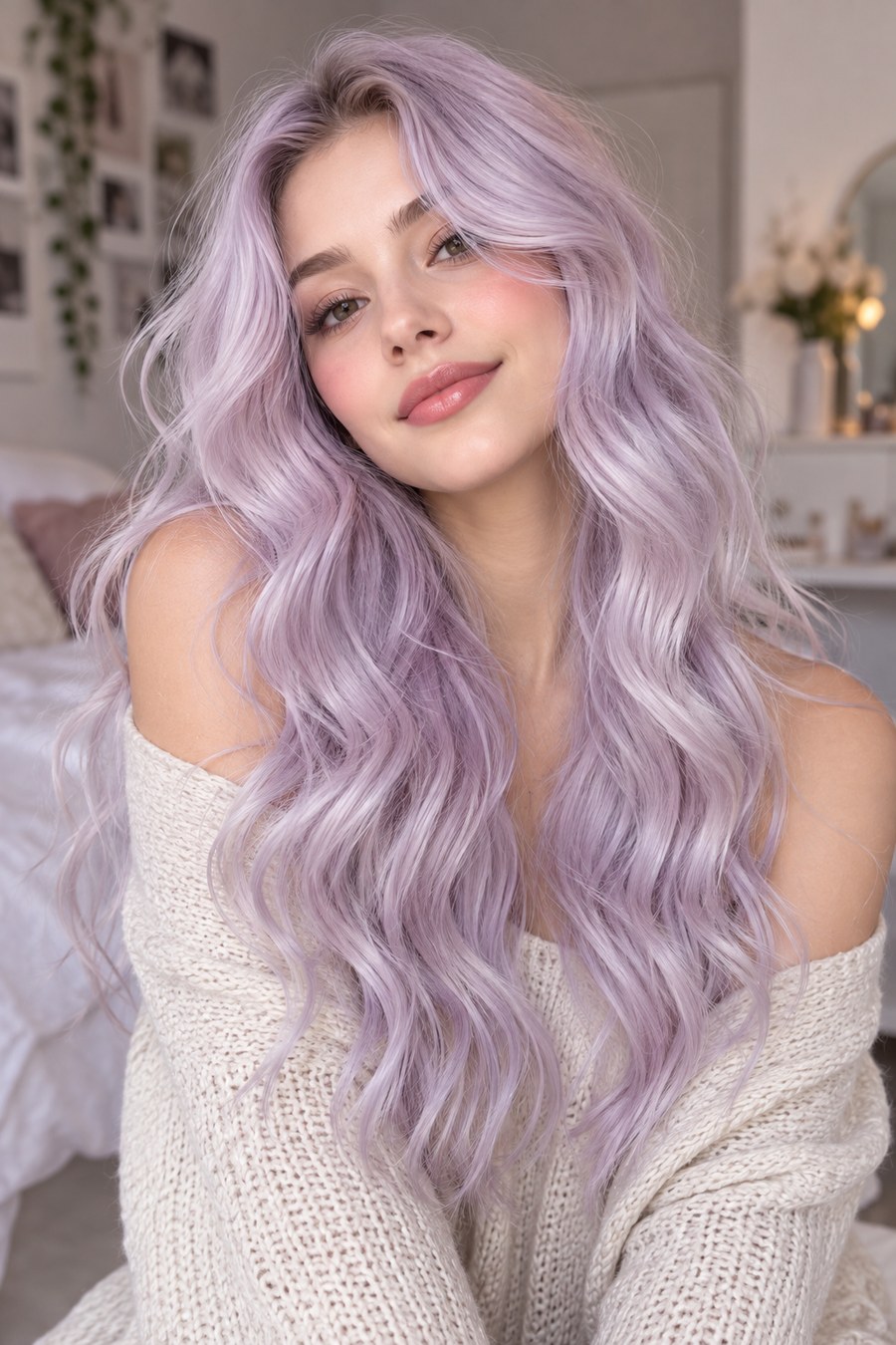 Loose wavy hair in a pale pastel lavender shade.