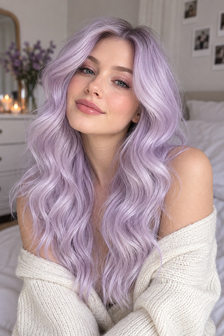 Long wavy hair in a soft violet-lavender shade.