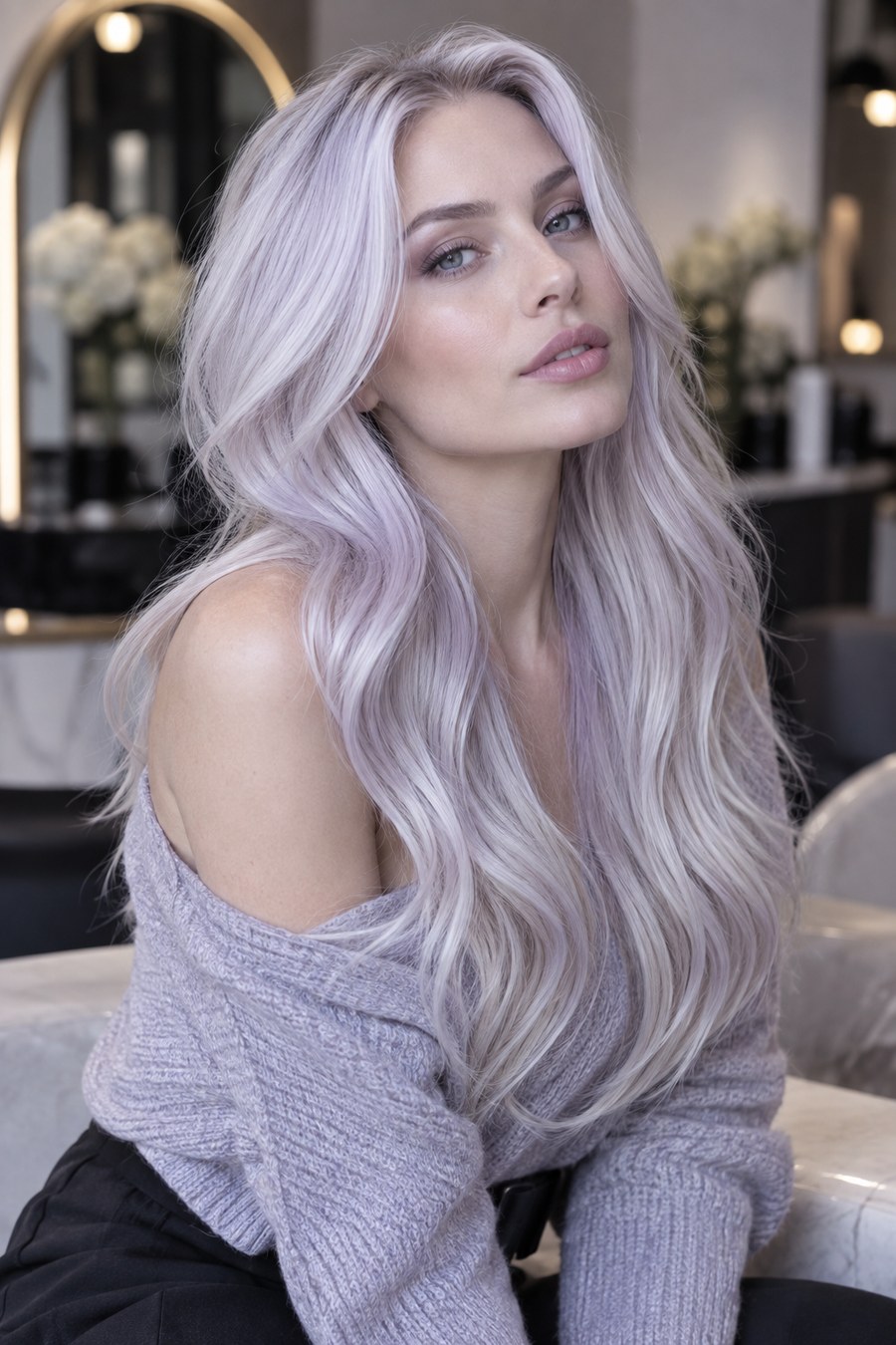 Pale icy blonde hair with a cool lavender cast.