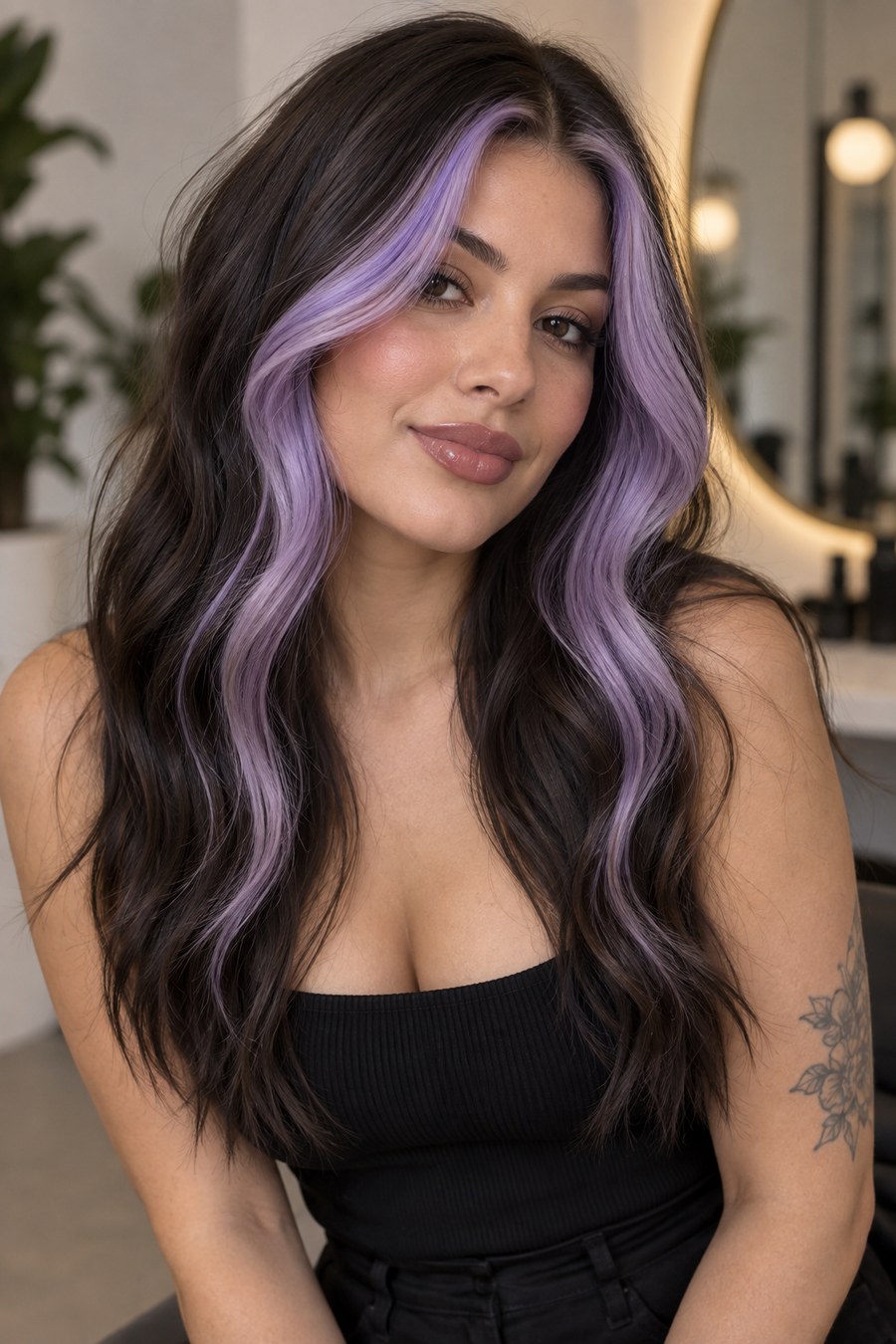 Hair with bold lavender money piece highlights.