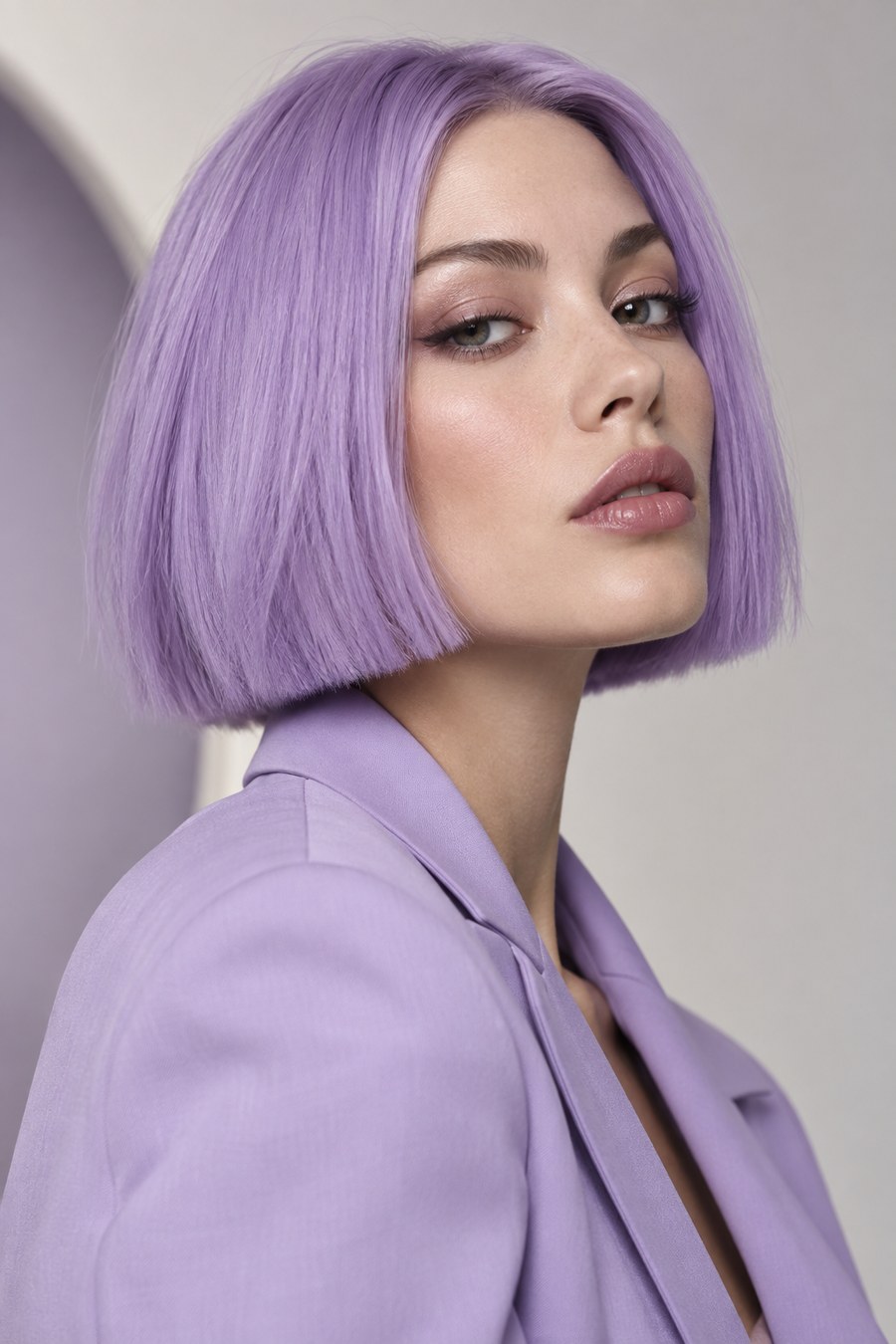 Short lavender bob with even, dense color.