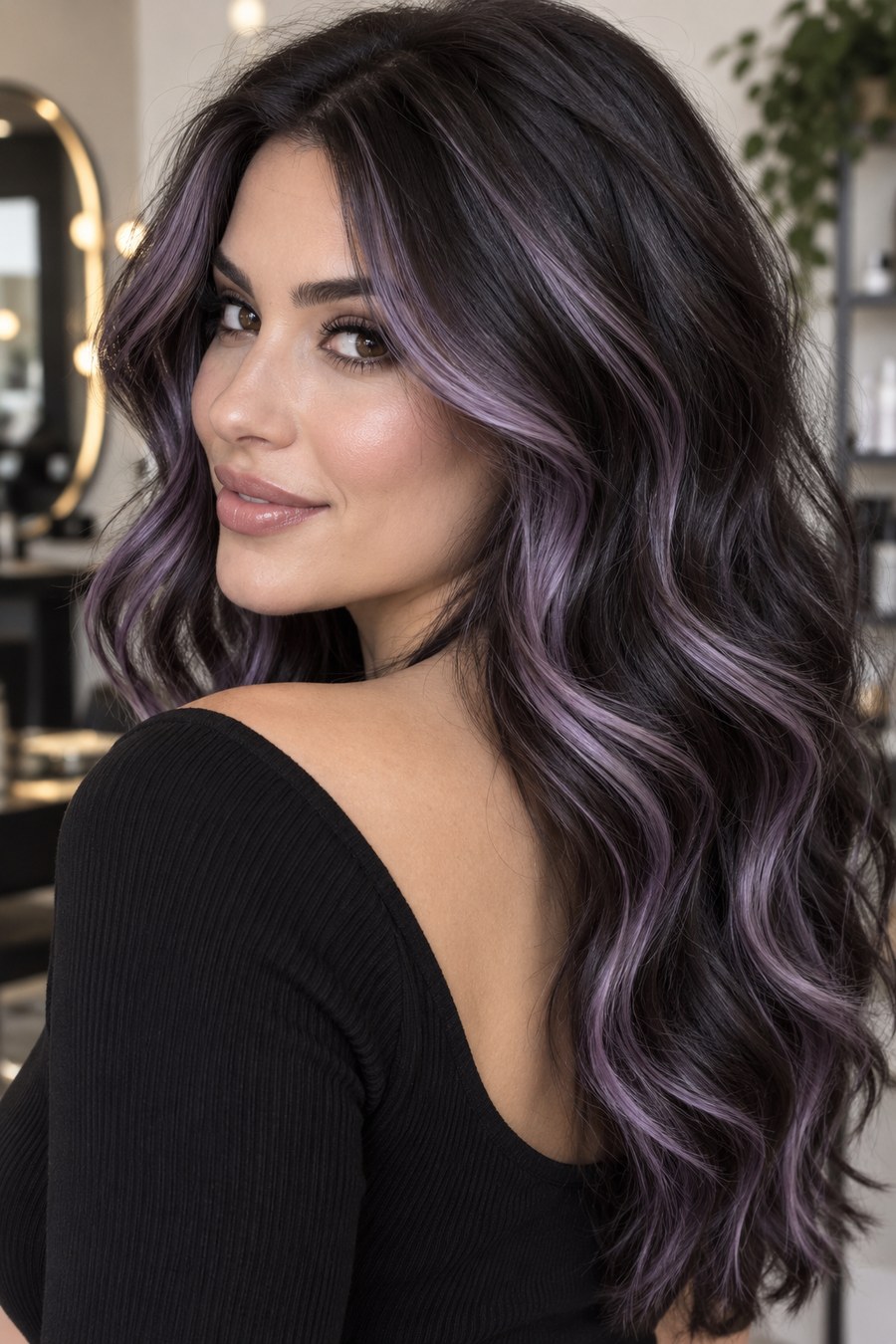 Dark hair with lavender highlights throughout.
