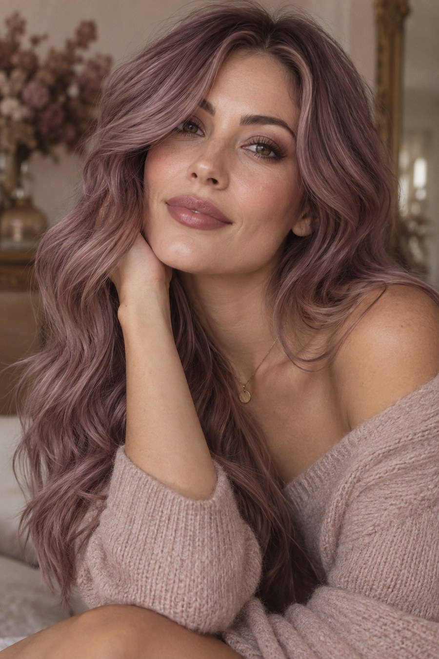 Hair in a muted, mauve-toned lavender shade.