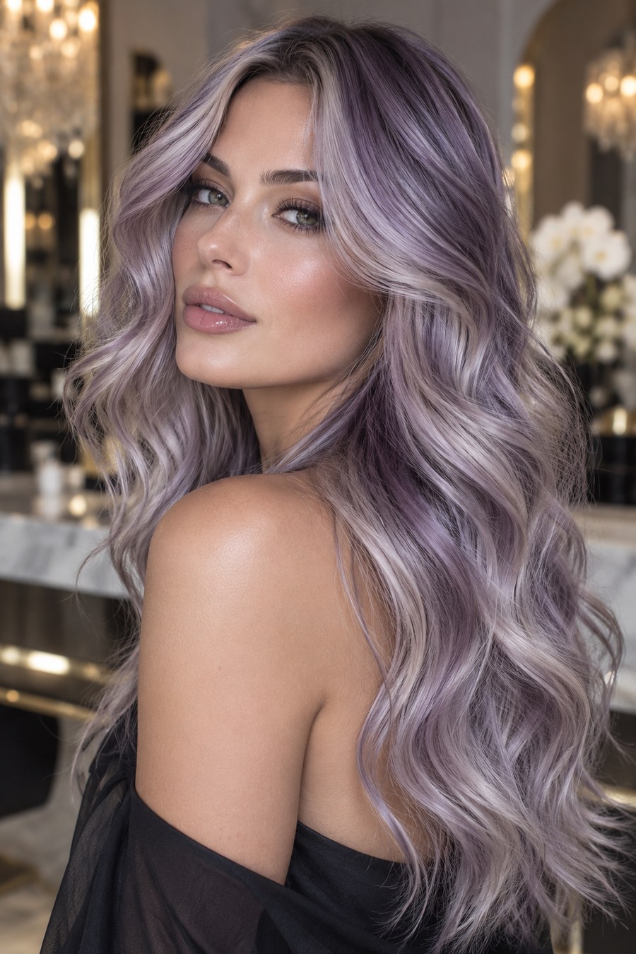 Balayage hair blending lavender and silver-gray tones.