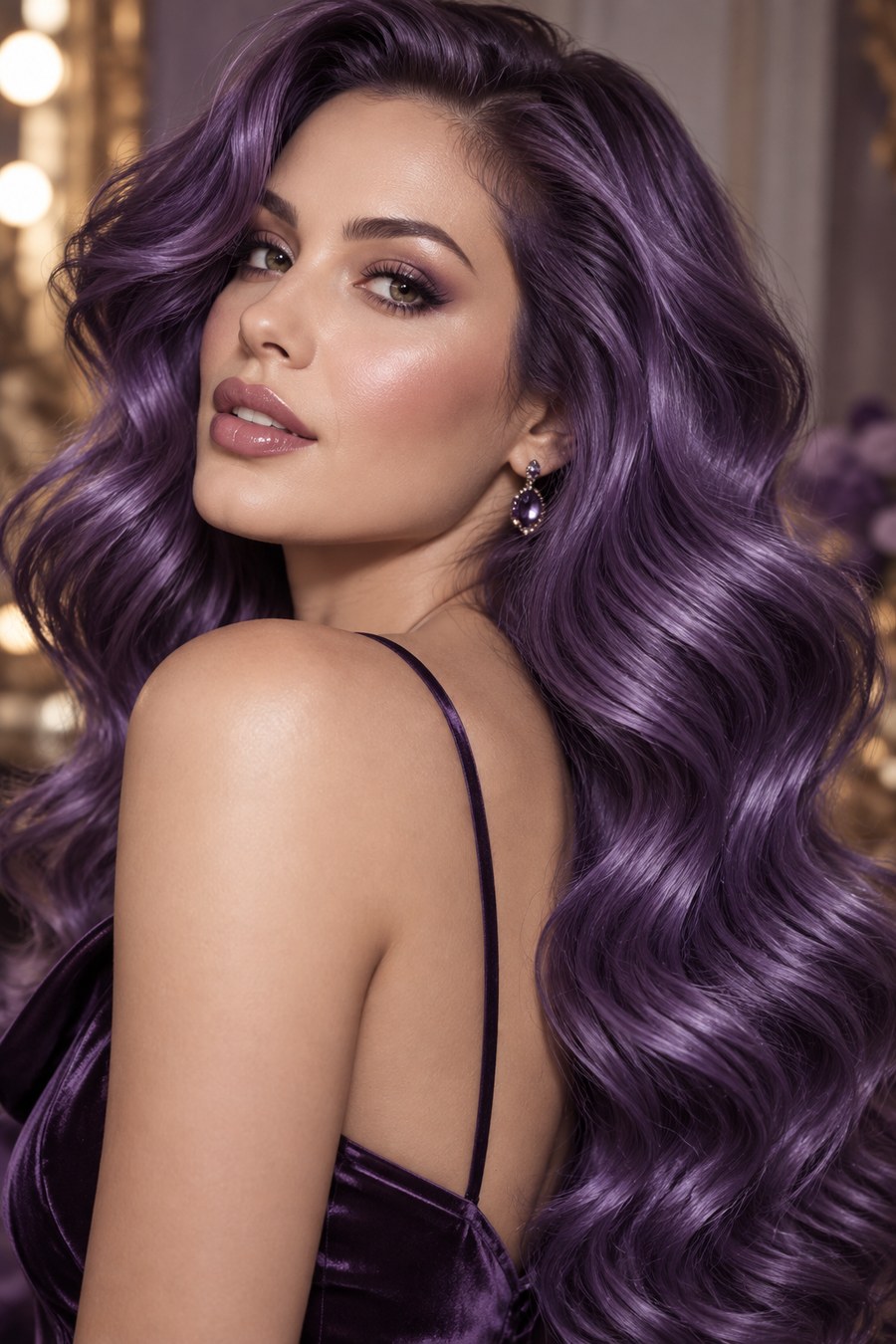 Wavy hair in rich, deep violet-lavender tones.