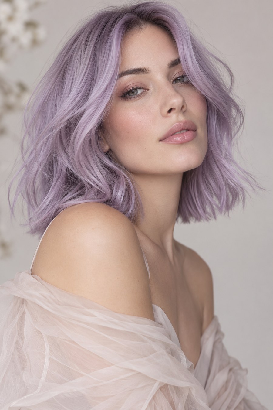 Lavender-colored long bob with soft, pastel tone.